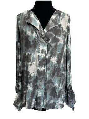 B New York | NEW Teal Gray Scrunched Cuff Printed V-Neck Blouse, XL